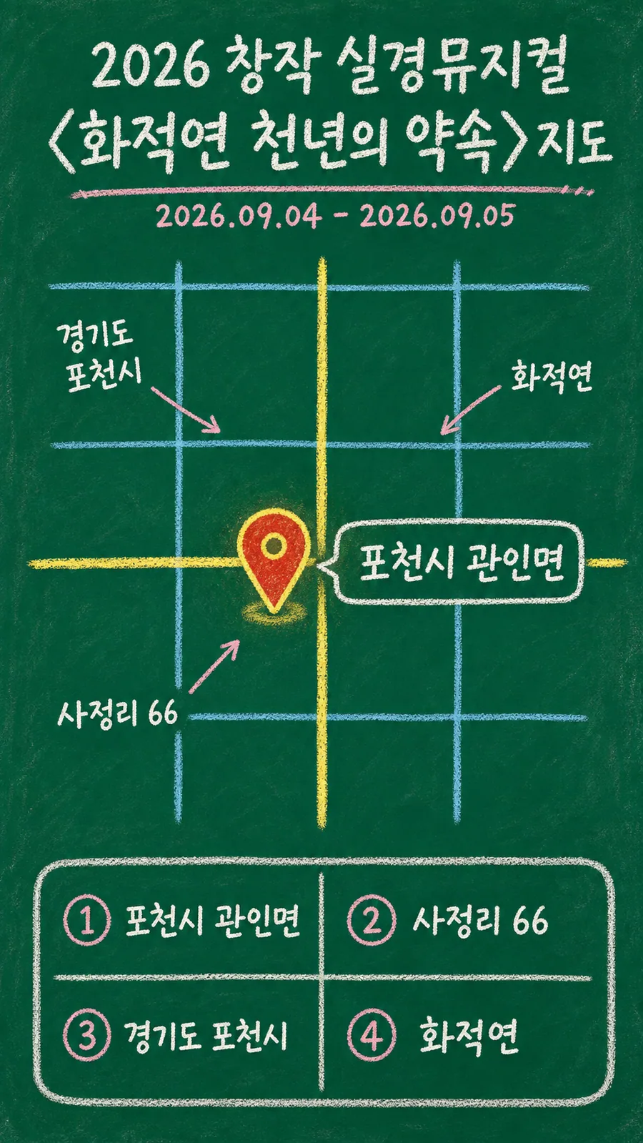 2026 창작 실경뮤지컬 〈화적연 천년의 약속〉 원본 지도 이미지를 바탕으로 imagegen이 재구성한 칠판 판서형 그림지도