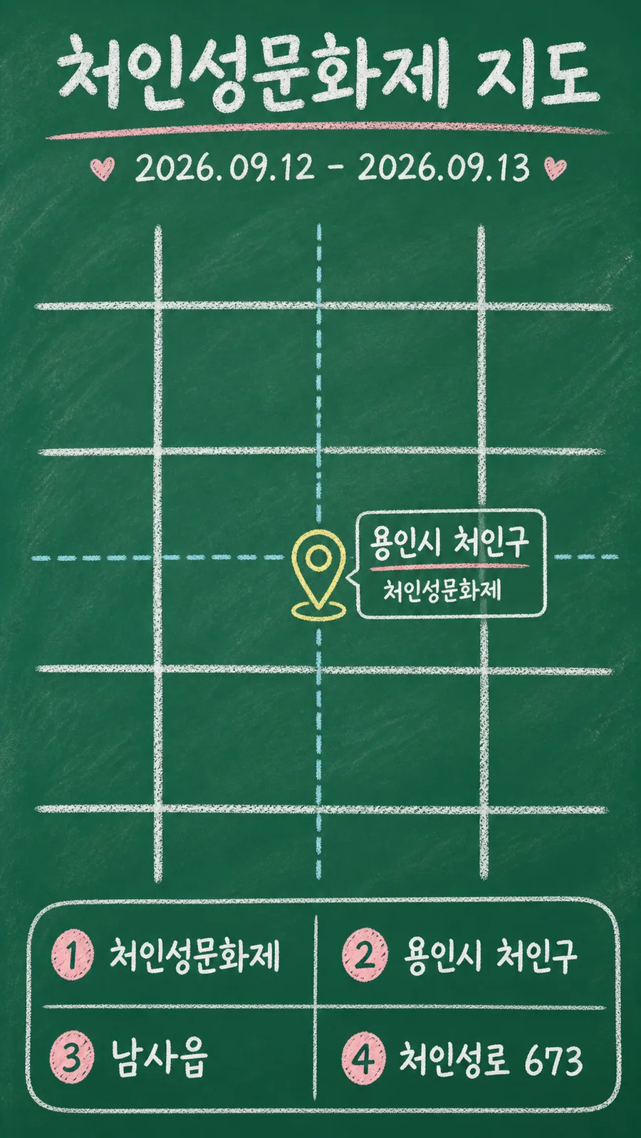 처인성문화제 원본 지도 이미지를 바탕으로 imagegen이 재구성한 칠판 판서형 그림지도