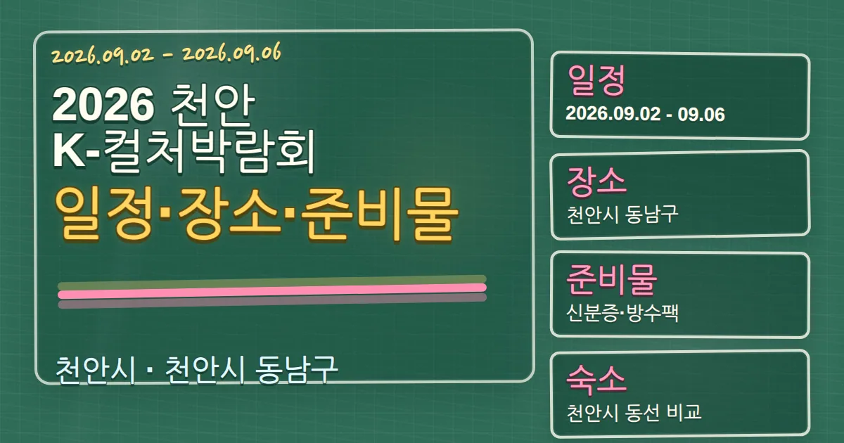 2026 천안 K-컬처박람회 일정·장소·준비물과 동남구 숙소 동선 칠판 판서형 대표 이미지