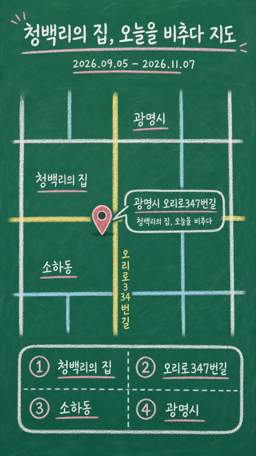 청백리의 집, 오늘을 비추다 원본 지도 이미지를 바탕으로 imagegen이 재구성한 칠판 판서형 그림지도