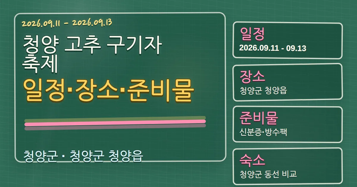 2026 청양 고추 구기자 축제 일정·장소·준비물과 청양군 숙소 동선 칠판 판서형 대표 이미지