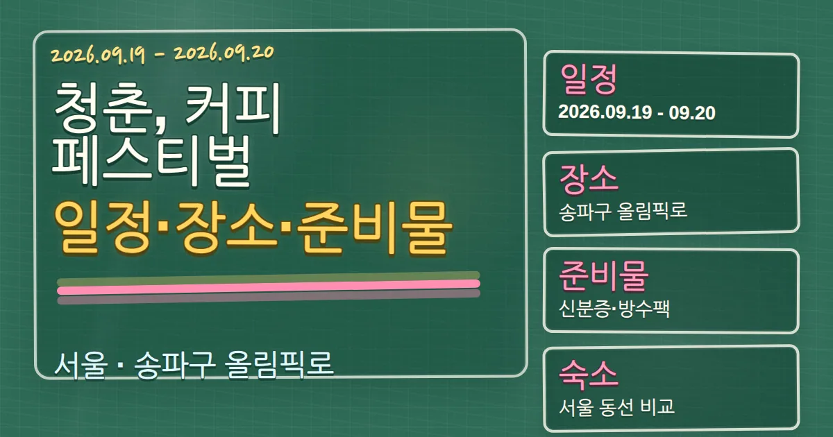 2026 청춘, 커피페스티벌 일정·장소·준비물과 송파구 숙소 동선 칠판 판서형 대표 이미지