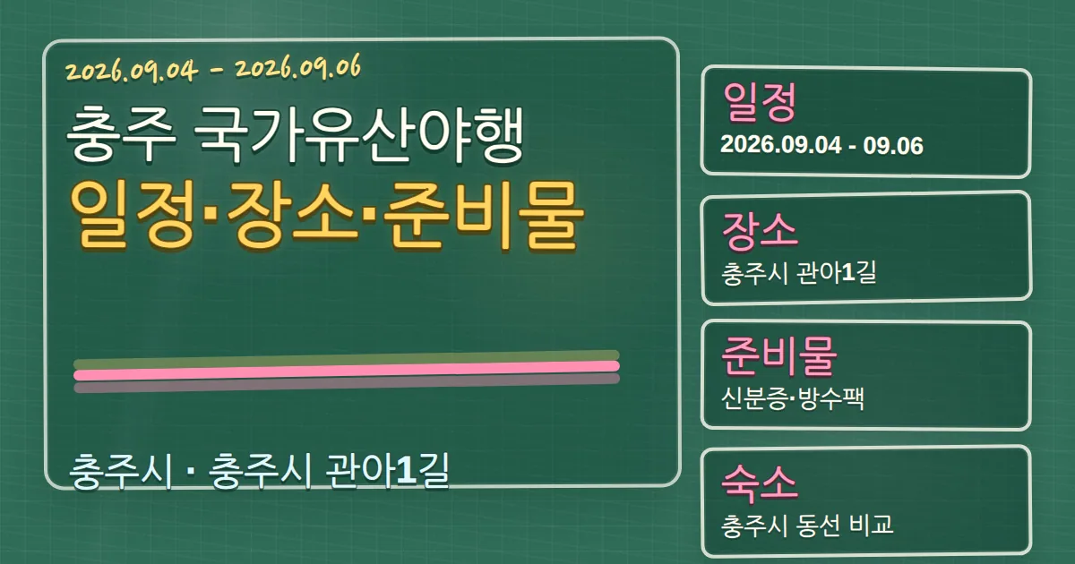 2026 충주 국가유산야행 일정·장소·준비물과 충주시 숙소 동선 칠판 판서형 대표 이미지