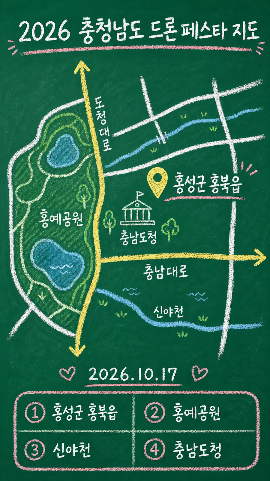 2026 충청남도 드론 페스타 원본 지도 이미지를 바탕으로 imagegen이 재구성한 칠판 판서형 그림지도