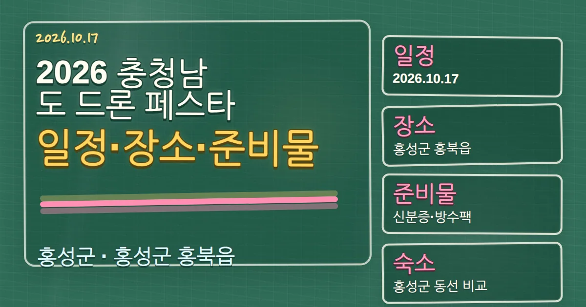 2026 충청남도 드론 페스타 일정·장소·준비물과 홍성군 숙소 동선 칠판 판서형 대표 이미지