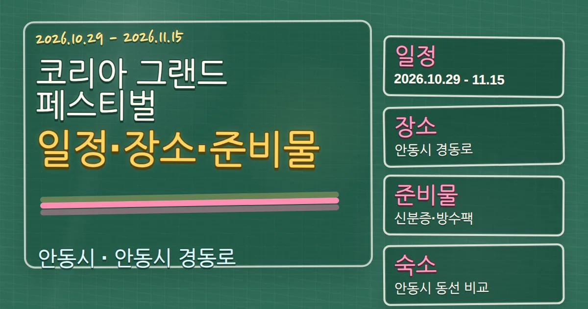 2026 코리아 그랜드 페스티벌 일정·장소와 준비물, 안동 숙소 동선 칠판 판서형 대표 이미지