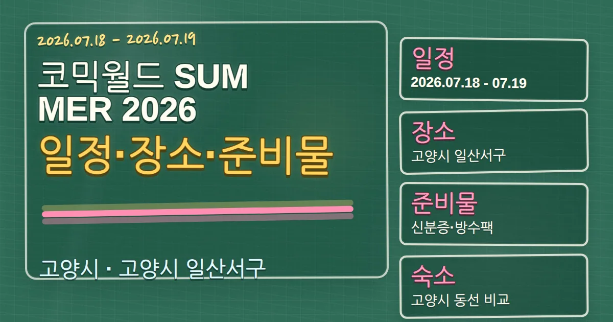 2026 코믹월드 SUMMER 일정·장소·준비물과 일산서구 숙소 동선 칠판 판서형 대표 이미지