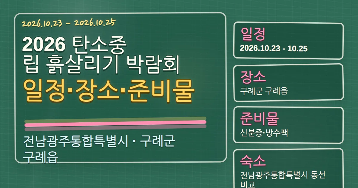 2026 탄소중립 흙살리기 박람회 일정·장소·준비물과 구례 숙소 동선 칠판 판서형 대표 이미지
