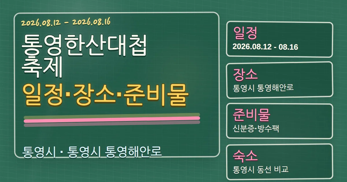 2026 통영한산대첩축제 일정·장소·준비물과 통영시 숙소 동선 칠판 판서형 대표 이미지