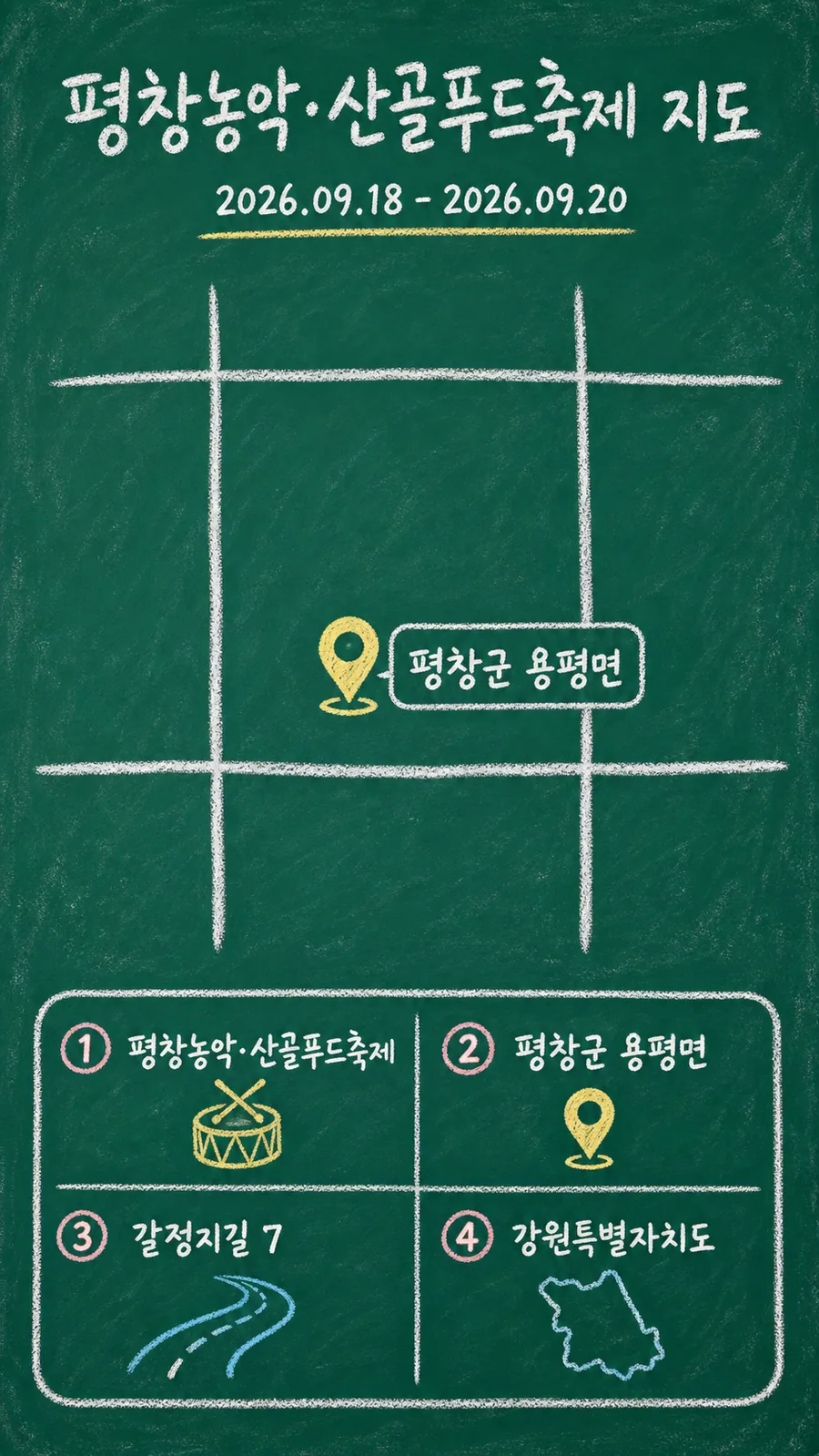 평창농악·산골푸드축제 원본 지도 이미지를 바탕으로 imagegen이 재구성한 칠판 판서형 그림지도