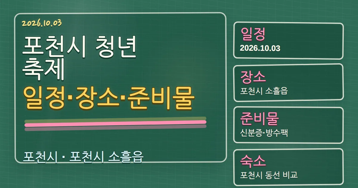 2026 포천시 청년축제 일정·장소·준비물과 숙소 동선 칠판 판서형 대표 이미지