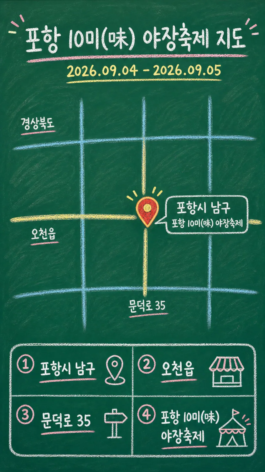 포항 10미(味) 야장축제 원본 지도 이미지를 바탕으로 imagegen이 재구성한 칠판 판서형 그림지도