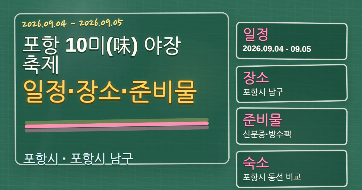2026 포항 10미(味) 야장축제 일정·장소·준비물과 남구 숙소 동선 칠판 판서형 대표 이미지