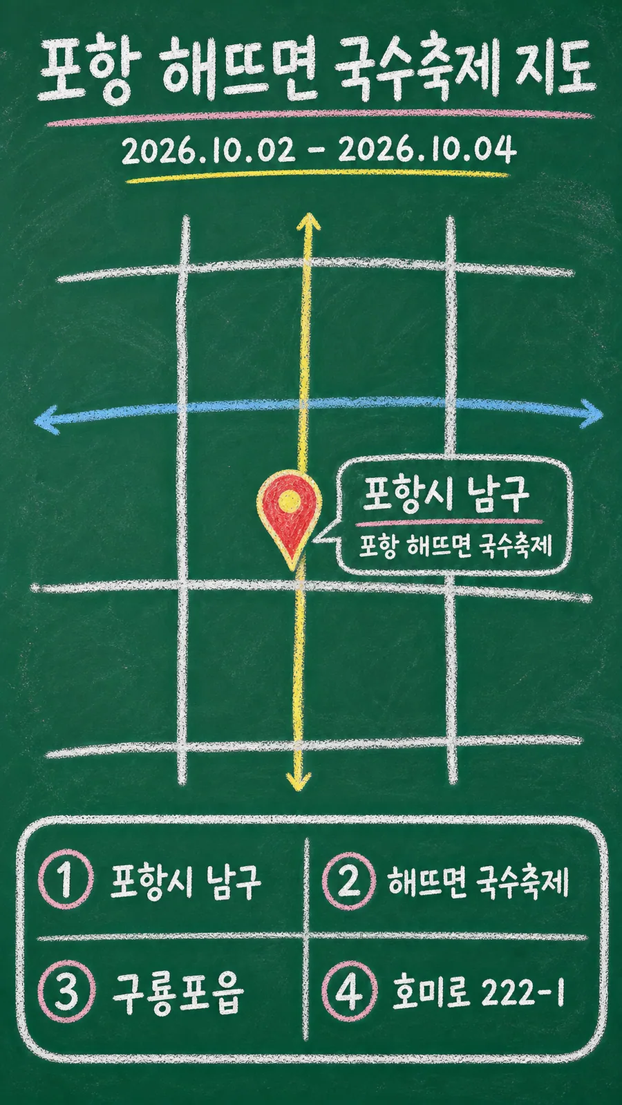 포항 해뜨면 국수축제 원본 지도 이미지를 바탕으로 imagegen이 재구성한 칠판 판서형 그림지도