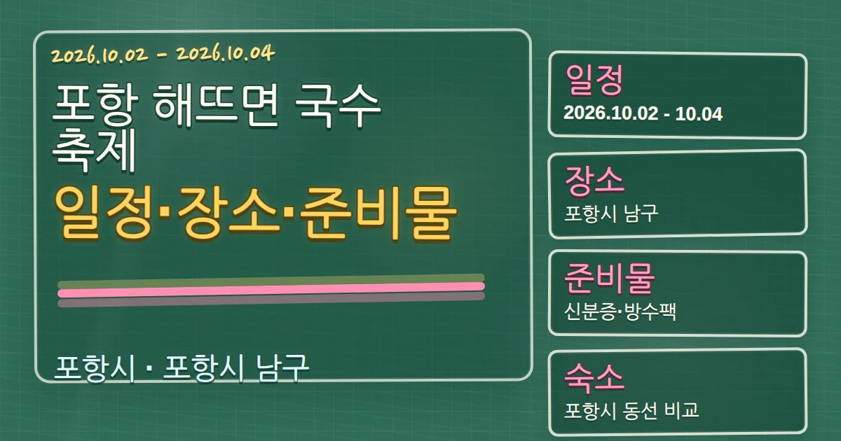 2026 포항 해뜨면 국수축제 일정·장소·준비물과 남구 숙소 동선 칠판 판서형 대표 이미지