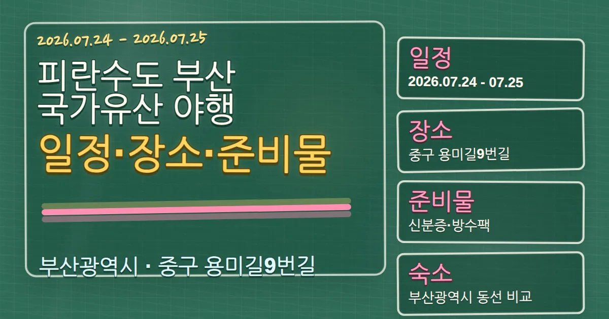 2026 피란수도 부산 국가유산 야행 일정·장소·준비물과 중구 숙소 동선 칠판 판서형 대표 이미지