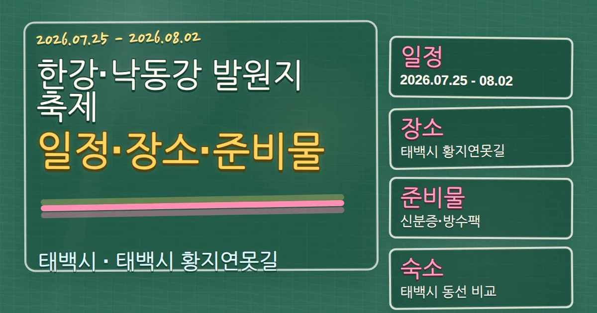 2026 한강·낙동강 발원지 축제 일정·장소·준비물과 태백시 숙소 동선 칠판 판서형 대표 이미지
