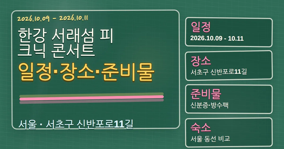 2026 한강 서래섬 피크닉 콘서트 일정·장소·준비물과 숙소 동선 칠판 판서형 대표 이미지