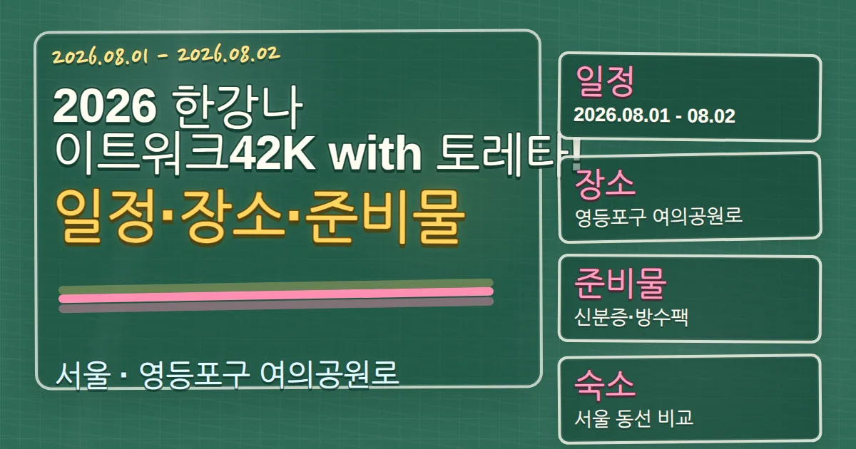 2026 한강나이트워크42K with 토레타! 일정·장소·준비물과 영등포구 숙소 동선 칠판 판서형 대표 이미지