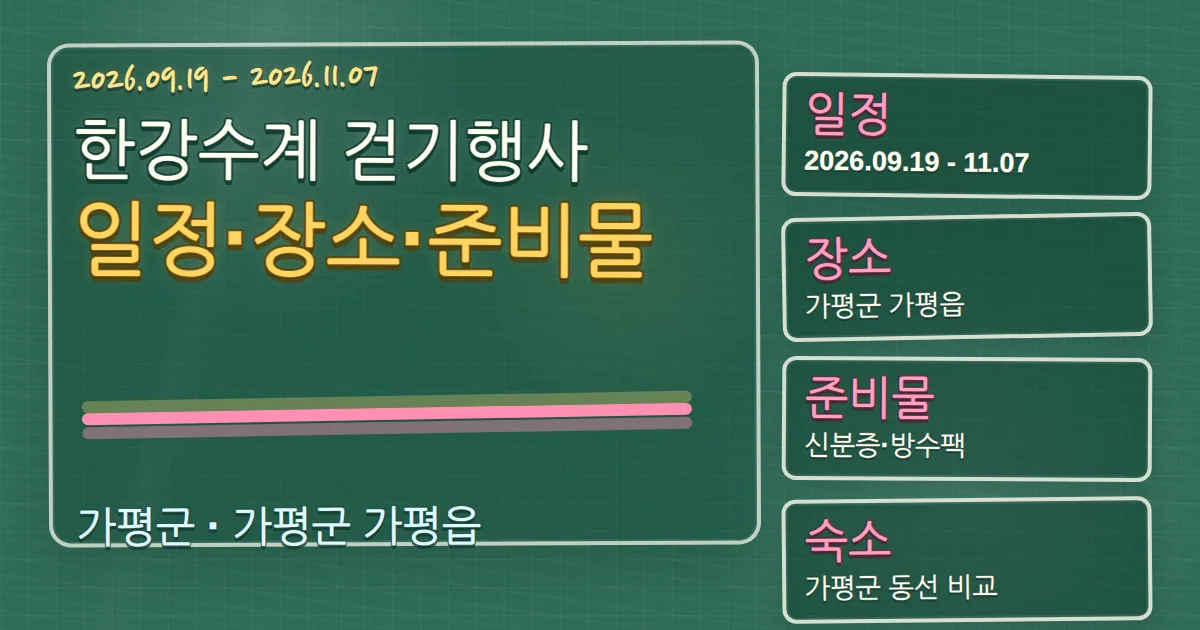 2026 한강수계 걷기행사 일정·장소·준비물, 가평군 숙소 동선까지 칠판 판서형 대표 이미지