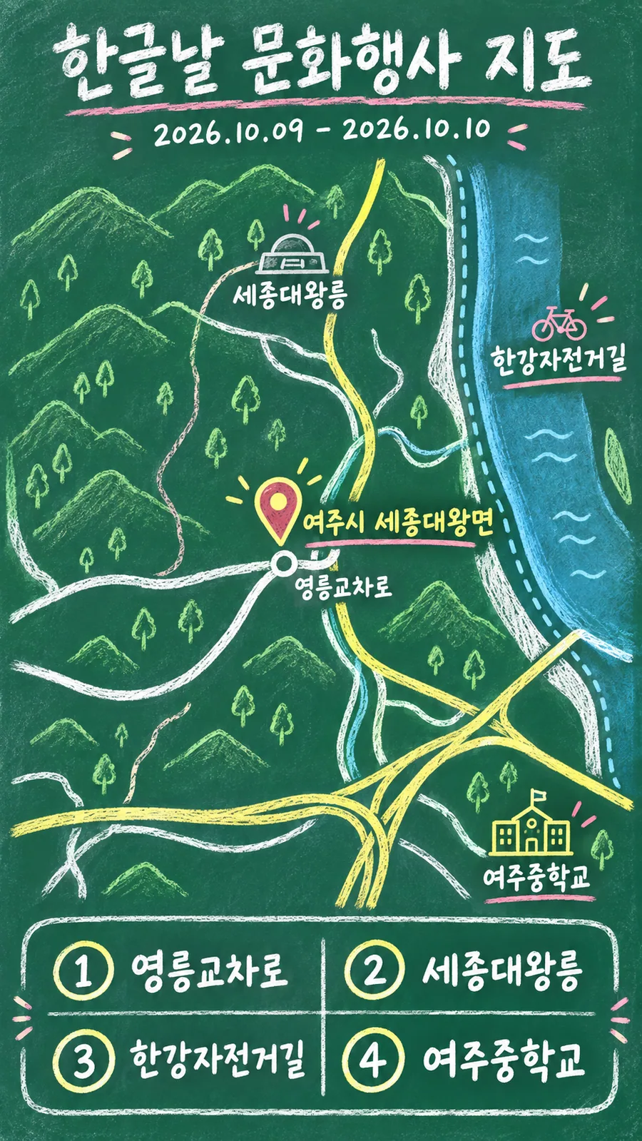 한글날 문화행사 원본 지도 이미지를 바탕으로 imagegen이 재구성한 칠판 판서형 그림지도