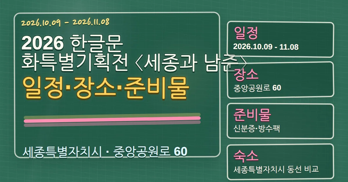 2026 한글문화특별기획전 〈세종과 남준〉 일정·장소·준비물과 숙소 동선 칠판 판서형 대표 이미지