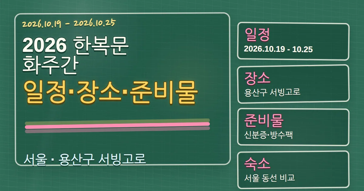 2026 한복문화주간 일정·장소·준비물과 용산구 숙소 동선 칠판 판서형 대표 이미지