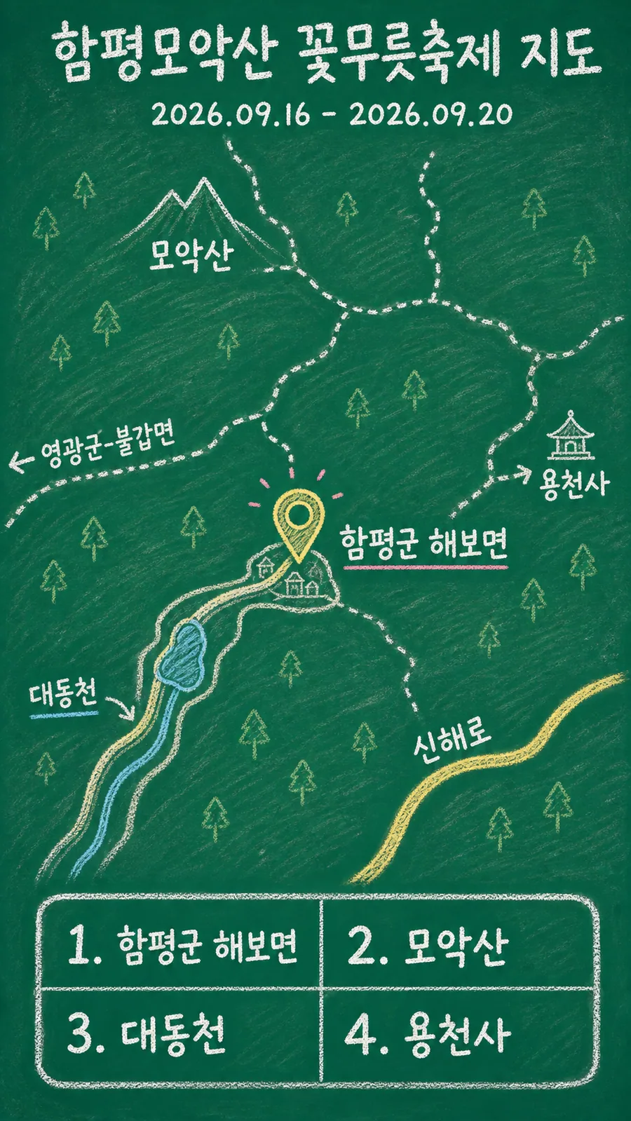 함평모악산 꽃무릇축제 원본 지도 이미지를 바탕으로 imagegen이 재구성한 칠판 판서형 그림지도