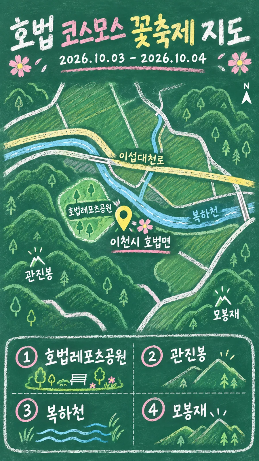 호법 코스모스 꽃축제 원본 지도 이미지를 바탕으로 imagegen이 재구성한 칠판 판서형 그림지도