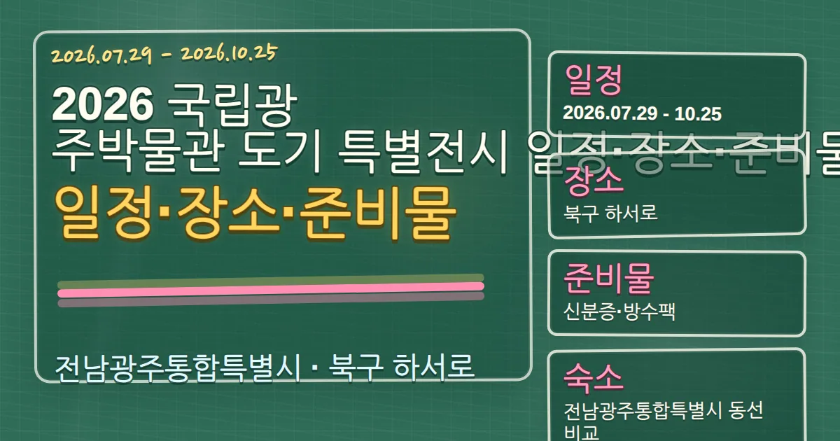 2026 국립광주박물관 도기 특별전시 일정·장소·준비물과 북구 숙소 동선 칠판 판서형 대표 이미지