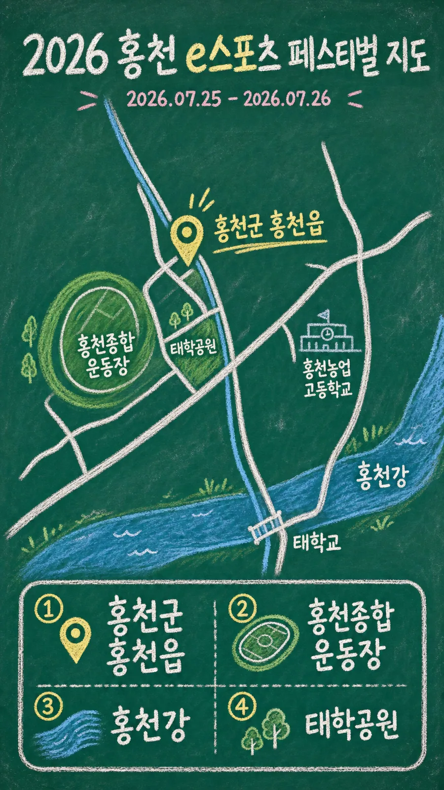 2026 홍천 e스포츠 페스티벌 원본 지도 이미지를 바탕으로 imagegen이 재구성한 칠판 판서형 그림지도