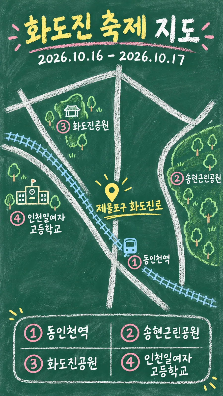 화도진 축제 원본 지도 이미지를 바탕으로 imagegen이 재구성한 칠판 판서형 그림지도