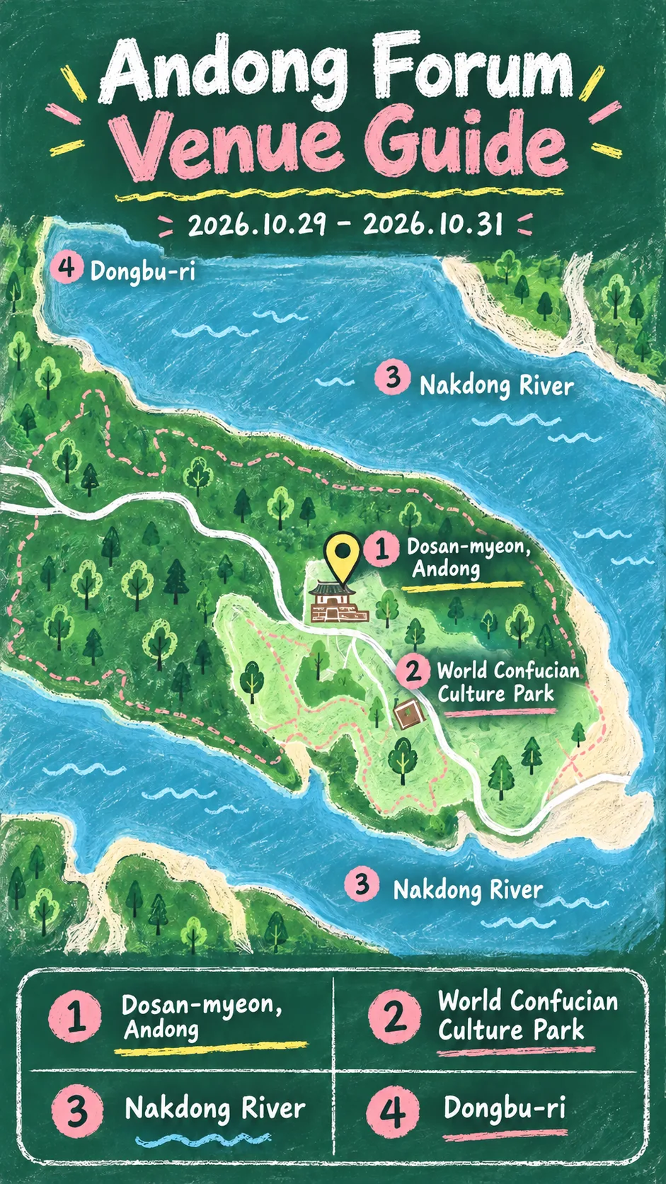 2026 13th 21st Century Human Values Forum: Dates, Venue and Where to Stay in Andong English chalkboard map redrawn from the source map