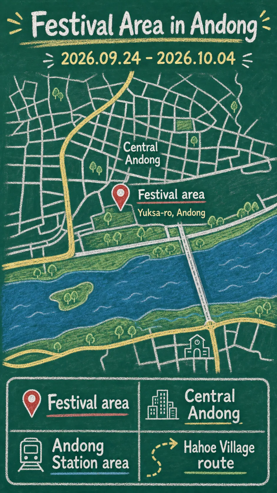 2026 Andong International Mask Dance Festival Hotel Guide English chalkboard map redrawn from the source map