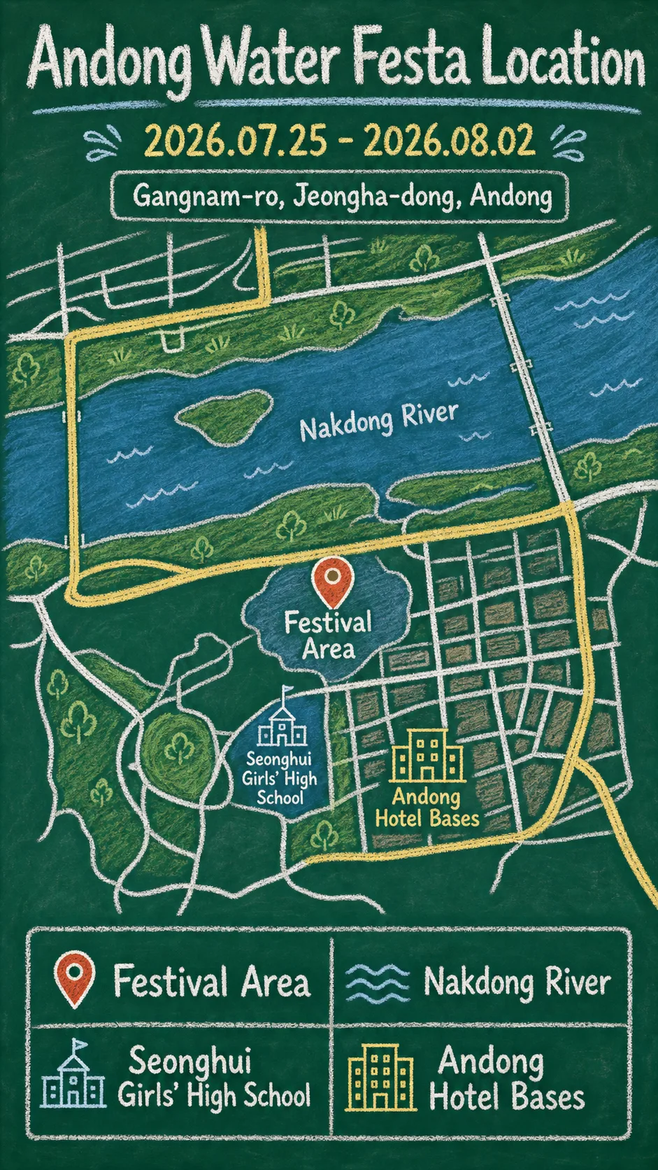 2026 Andong Water Festa: Dates, Location, Packing Tips, and Where to Stay English chalkboard map redrawn from the source map