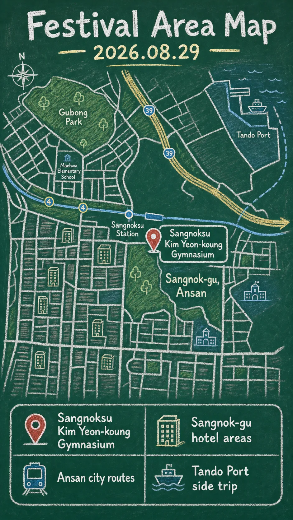 2026 Ansan Esports Festival: Date, Venue, Travel Tips, and Hotel Bases English chalkboard map redrawn from the source map