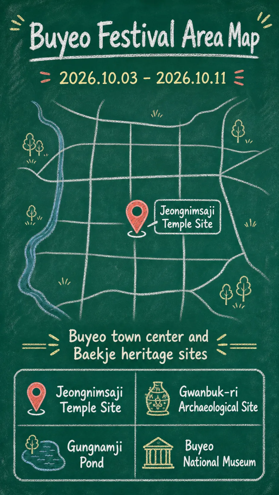 2026 Baekje Cultural Festival Hotel Guide: Dates, Location, and Where to Stay in Buyeo English chalkboard map redrawn from the source map