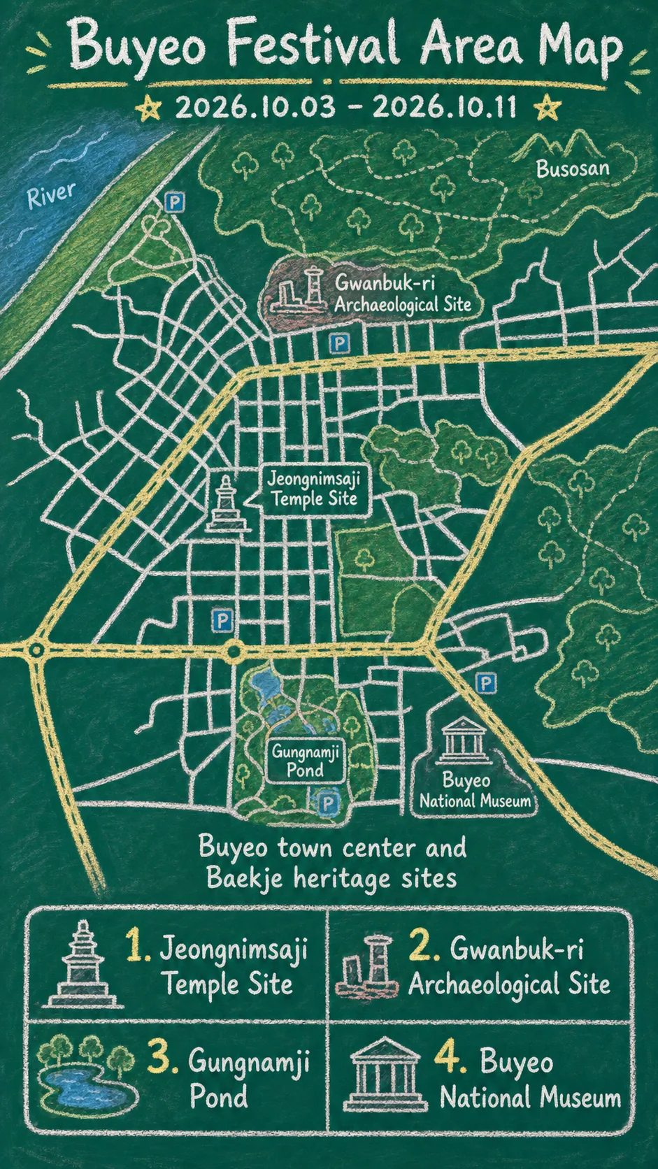 2026 Baekje Cultural Festival Hotel Guide: Dates, Location, and Where to Stay in Buyeo English chalkboard map redrawn from the source map