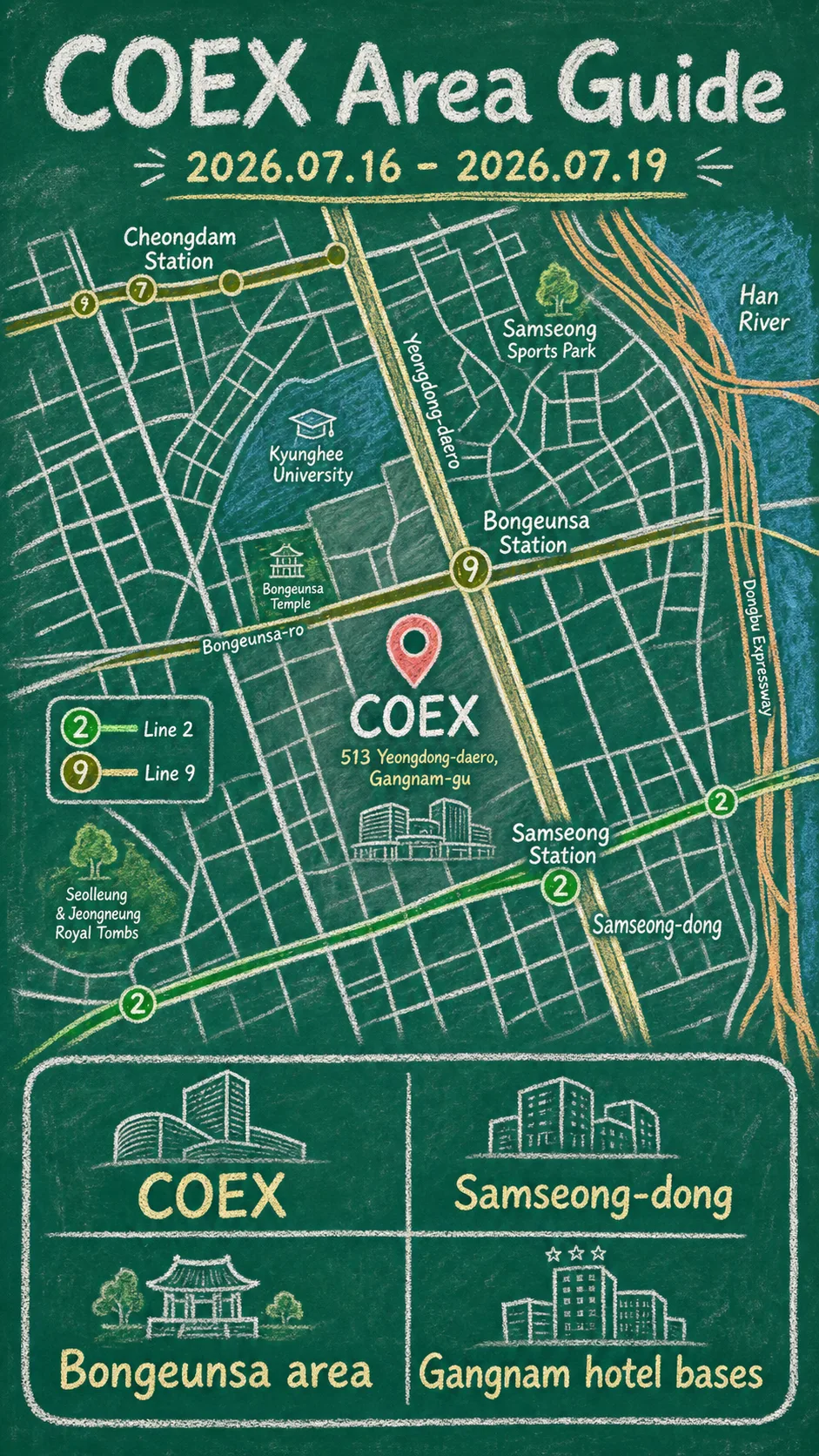 2026 Board Game Con in Seoul: COEX Area Guide and Hotel Base Tips English chalkboard map redrawn from the source map