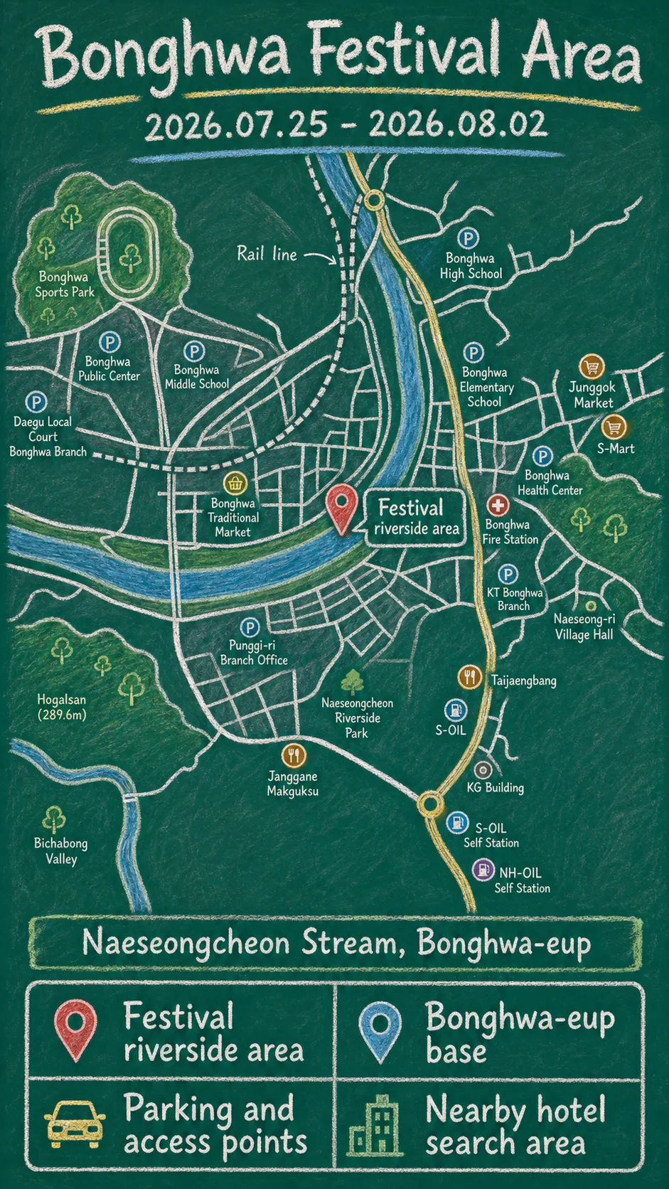 2026 Bonghwa Sweetfish Festival Guide: Dates, Location, What to Pack, and Where to Stay English chalkboard map redrawn from the source map