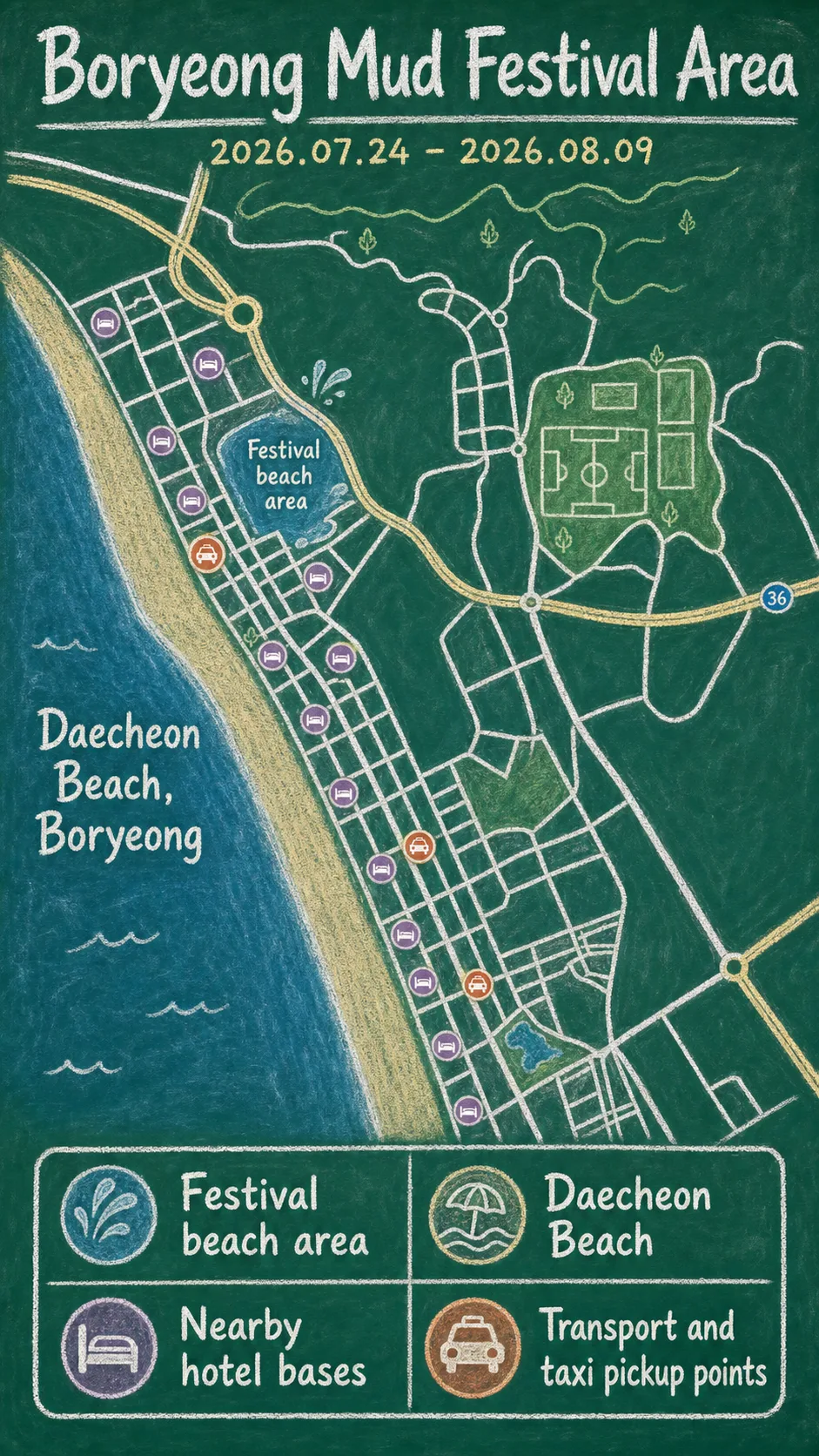 2026 Boryeong Mud Festival Hotel Guide: Dates, Beach Area, Packing Tips, and Where to Stay English chalkboard map redrawn from the source map
