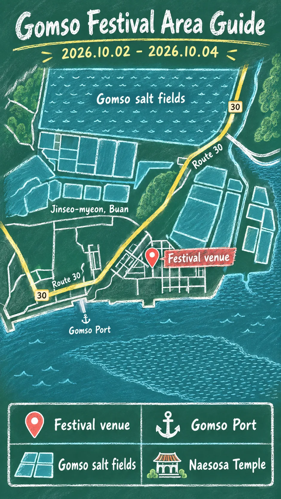 2026 Buan Gomso Salted Seafood & King Prawn Festival: Dates, Transport and Hotels English chalkboard map redrawn from the source map