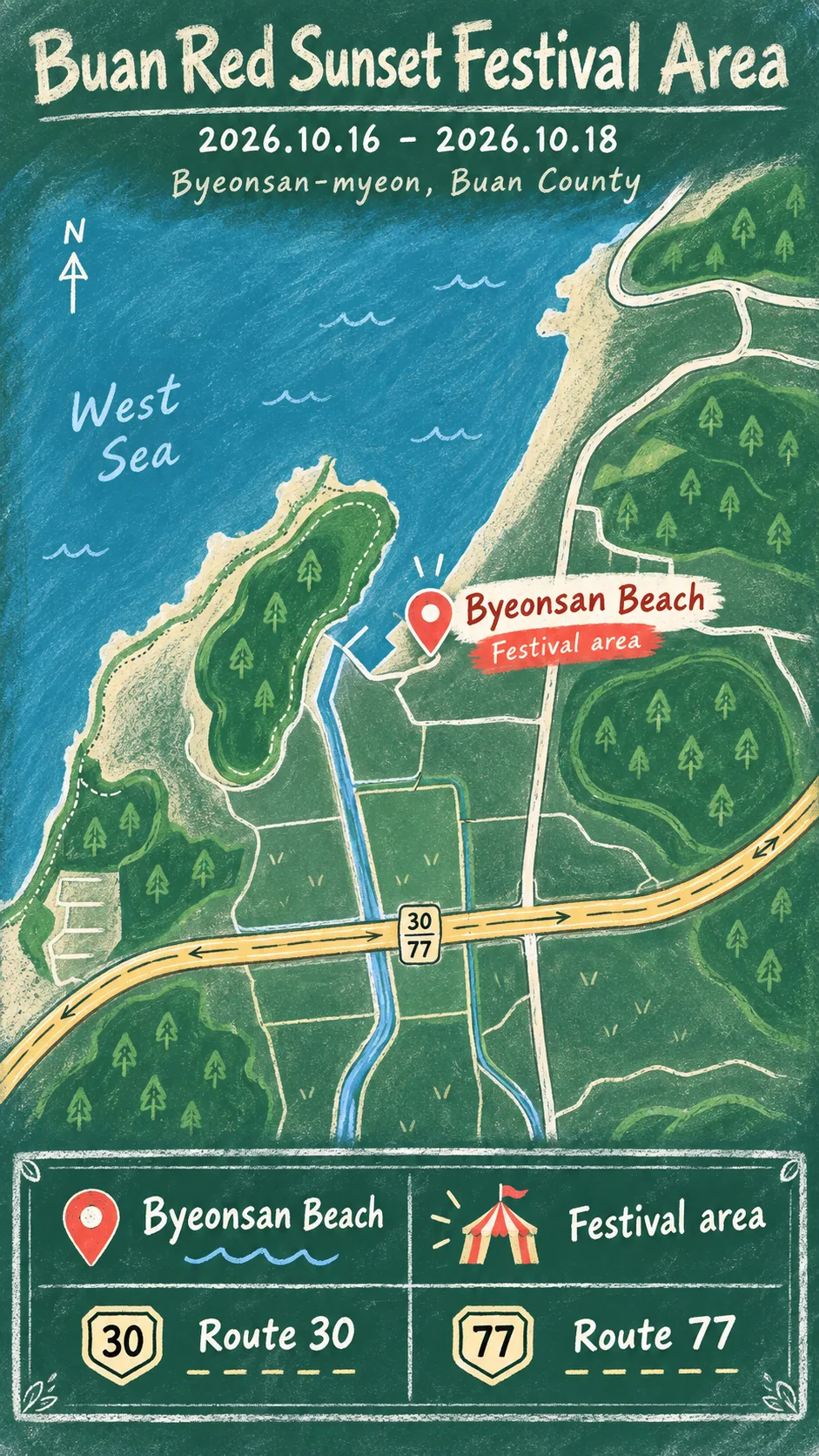 2026 Buan Red Sunset Festival: Dates, Location and Where to Stay English chalkboard map redrawn from the source map