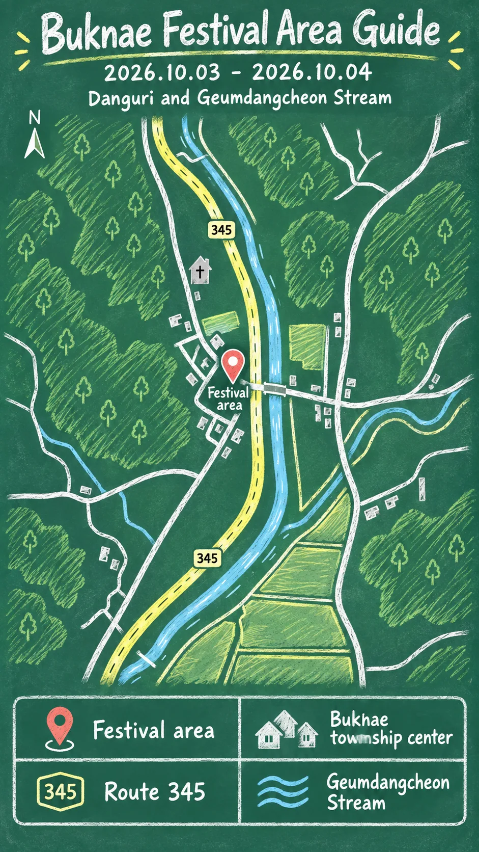 2026 Buknae Geumdangcheon Three-Color Food Festival: Travel and Hotel Guide English chalkboard map redrawn from the source map