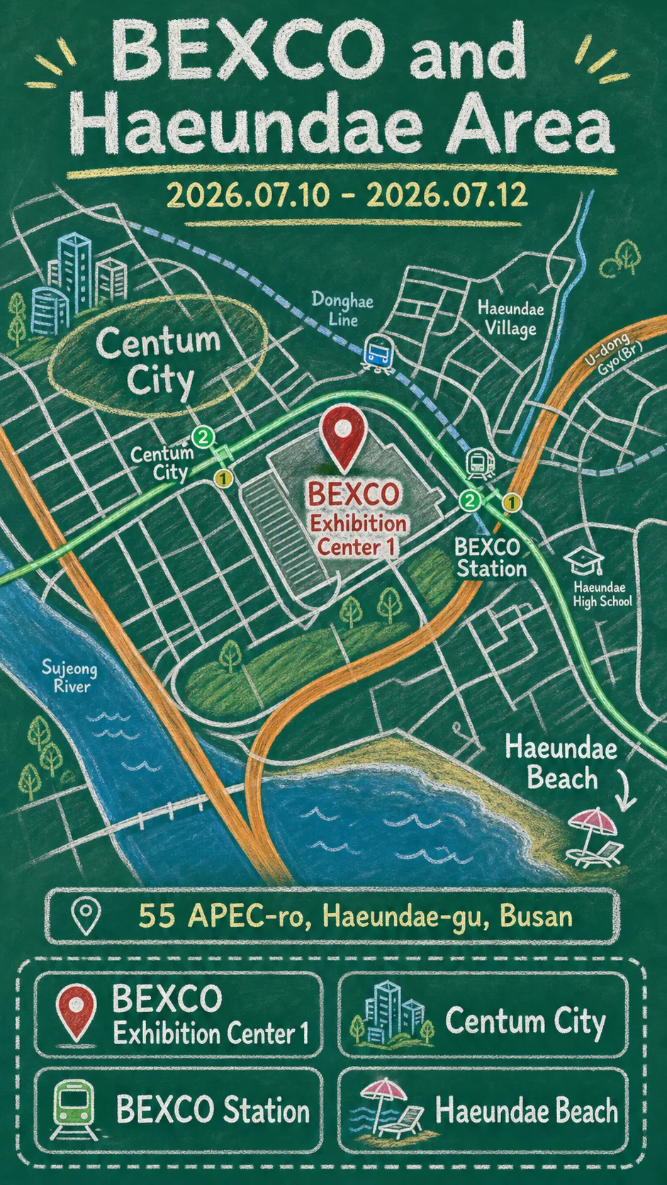 2026 Busan Brand Festa Guide: Dates, BEXCO Location and Hotel Areas English chalkboard map redrawn from the source map