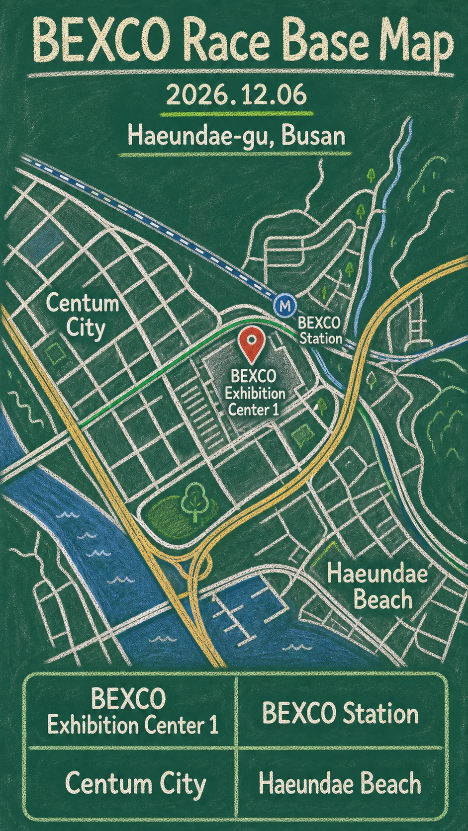 2026 Busan Bridge Marathon Guide: BEXCO Location, Race Prep, and Where to Stay English chalkboard map redrawn from the source map