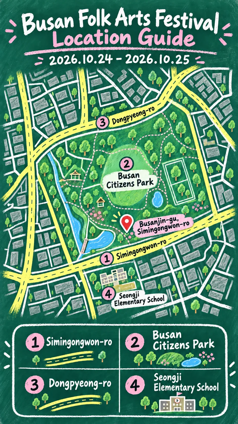 2026 Busan Folk Arts Festival: Dates, Venue, Travel Tips and Where to Stay English chalkboard map redrawn from the source map