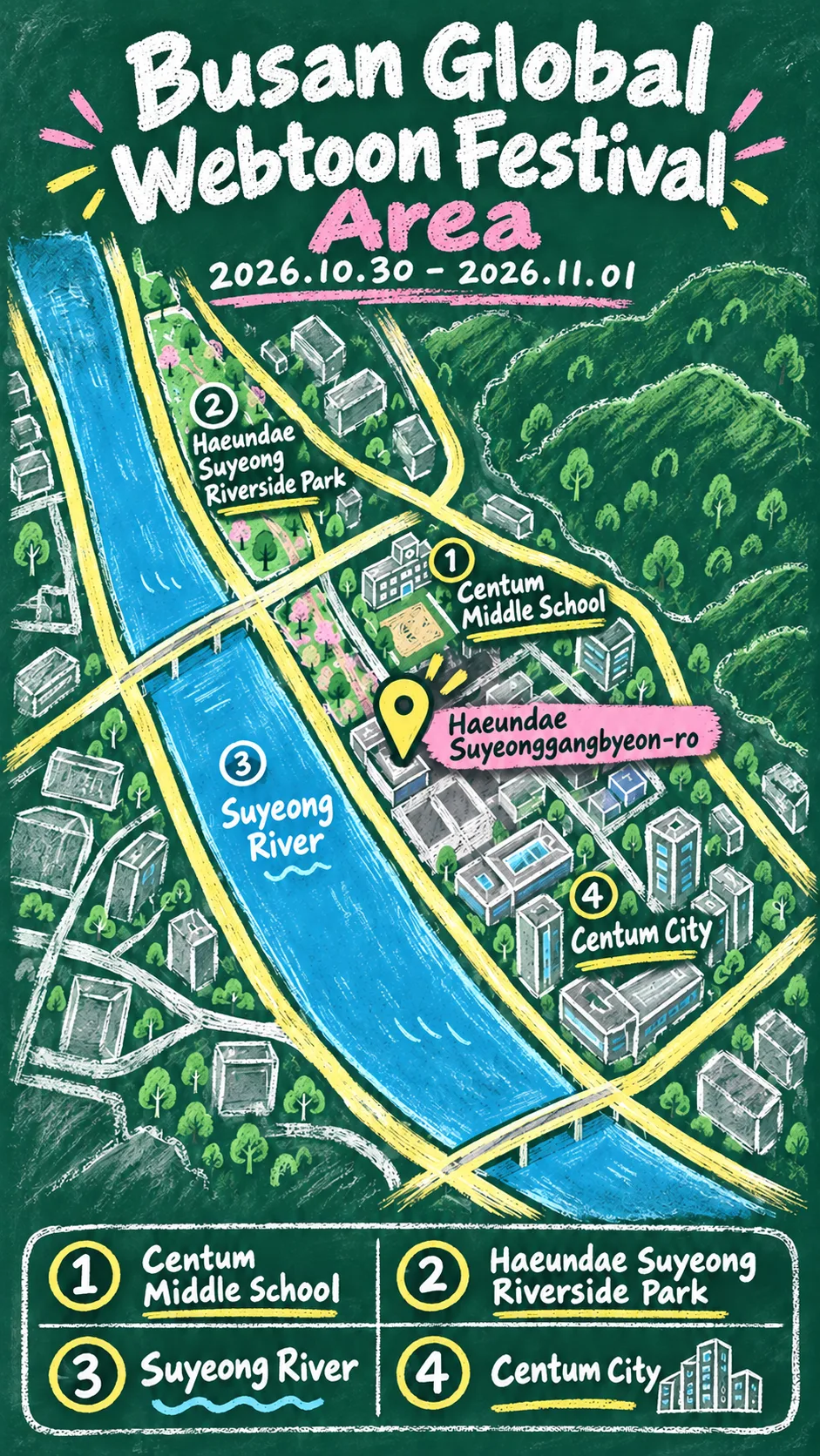 2026 Busan Global Webtoon Festival: Dates, Venues and Where to Stay English chalkboard map redrawn from the source map
