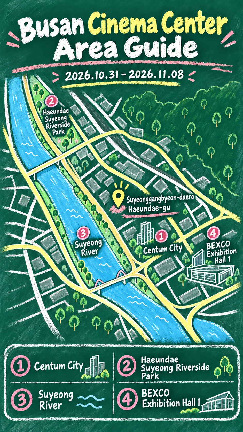 2026 Busan Intangible Heritage Art Fair: Dates, Venue and Where to Stay English chalkboard map redrawn from the source map