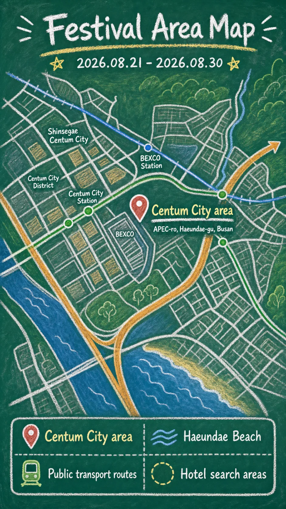2026 Busan International Comedy Festival Guide: Dates, Area, Travel Tips, and Where to Stay English chalkboard map redrawn from the source map